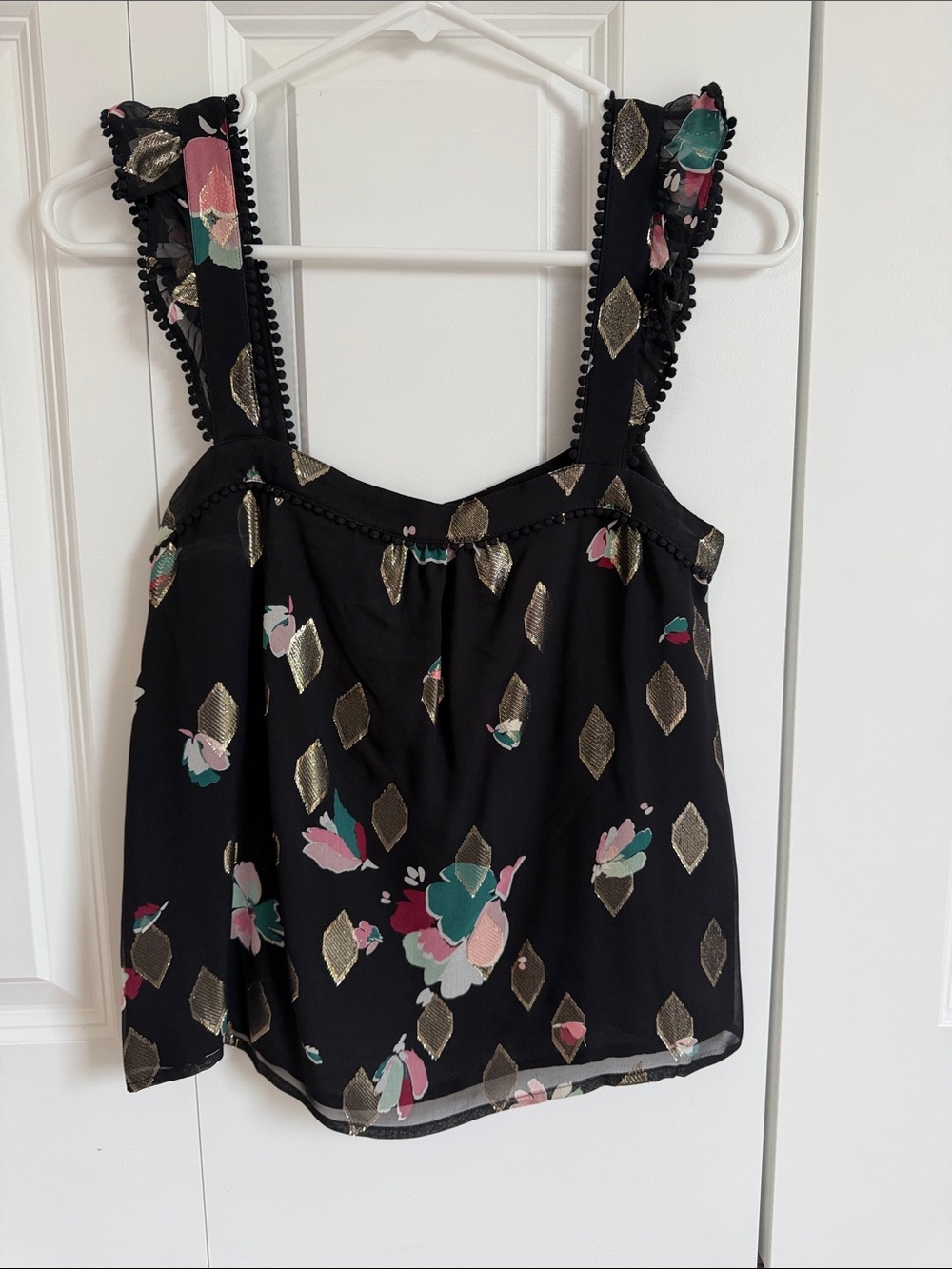 Sezane Black Floral Camisole with Gold Diamond Accents